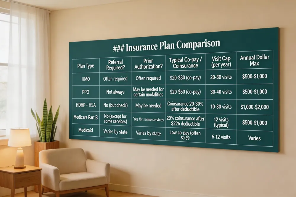 ### Insurance Plan Comparison
| Plan Type | Referral Required? | Prior Authorization? | Typical Co‑pay / Coinsurance | Visit Cap (per year) | Annual Dollar Max |
|---|---|---|---|---|---|
| HMO | Often required | Often required | $20‑$30 (co‑pay) | 20‑30 visits | $500‑$1,000 |
| PPO | Not always | May be needed for certain modalities | $20‑$50 (co‑pay) | 30‑40 visits | $500‑$1,000 |
| HDHP + HSA | No (but check) | May be needed | Coinsurance 20‑30% after deductible | 10‑30 visits | $1,000‑$2,000 |
| Medicare Part B | No (except for some services) | Yes for some services | 20% coinsurance after $226 deductible | 12 visits (typical) | $500‑$1,000 |
| Medicaid | Varies by state | Varies by state | Low co‑pay (often $0‑$5) | 6‑12 visits | Varies |
Key take‑away: Verify network status, referral/authorization requirements, and annual limits before scheduling.