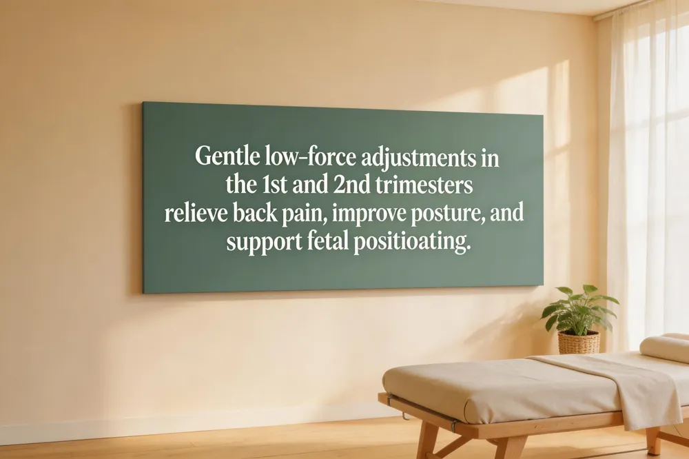 Gentle low‑force adjustments in the 1st and 2nd trimesters relieve back pain, improve posture, and support fetal positioning.
