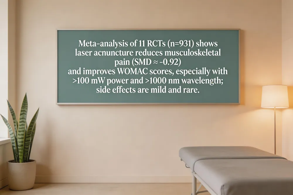Meta‑analysis of 11 RCTs (n=931) shows laser acupuncture reduces musculoskeletal pain (SMD ≈ ‑0.92) and improves WOMAC scores, especially with >100 mW power and >1000 nm wavelength; side effects are mild and rare.