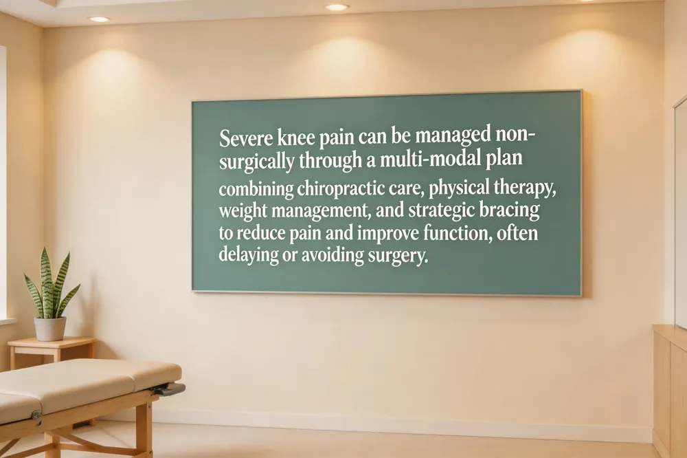 Severe knee pain can be managed non-surgically through a multi-modal plan combining chiropractic care, physical therapy, weight management, and strategic bracing to reduce pain and improve function, often delaying or avoiding surgery.
