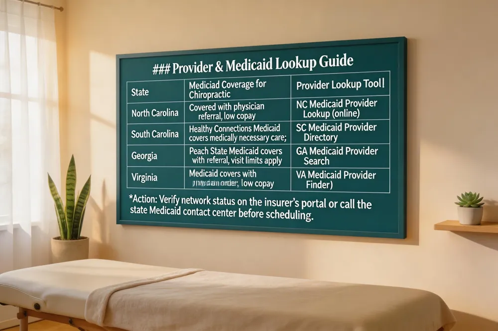 ### Provider & Medicaid Lookup Guide
| State | Medicaid Coverage for Chiropractic | Provider Lookup Tool |
|---|---|---|
| North Carolina | Covered with physician referral; low copay | NC Medicaid Provider Lookup (online) |
| South Carolina | Healthy Connections Medicaid covers medically necessary care; 6‑12 visits/yr | SC Medicaid Provider Directory |
| Georgia | Peach State Medicaid covers with referral; visit limits apply | GA Medicaid Provider Search |
| Virginia | Medicaid covers with physician order; low copay | VA Medicaid Provider Finder |
Action: Verify network status on the insurer’s portal or call the state Medicaid contact center before scheduling.