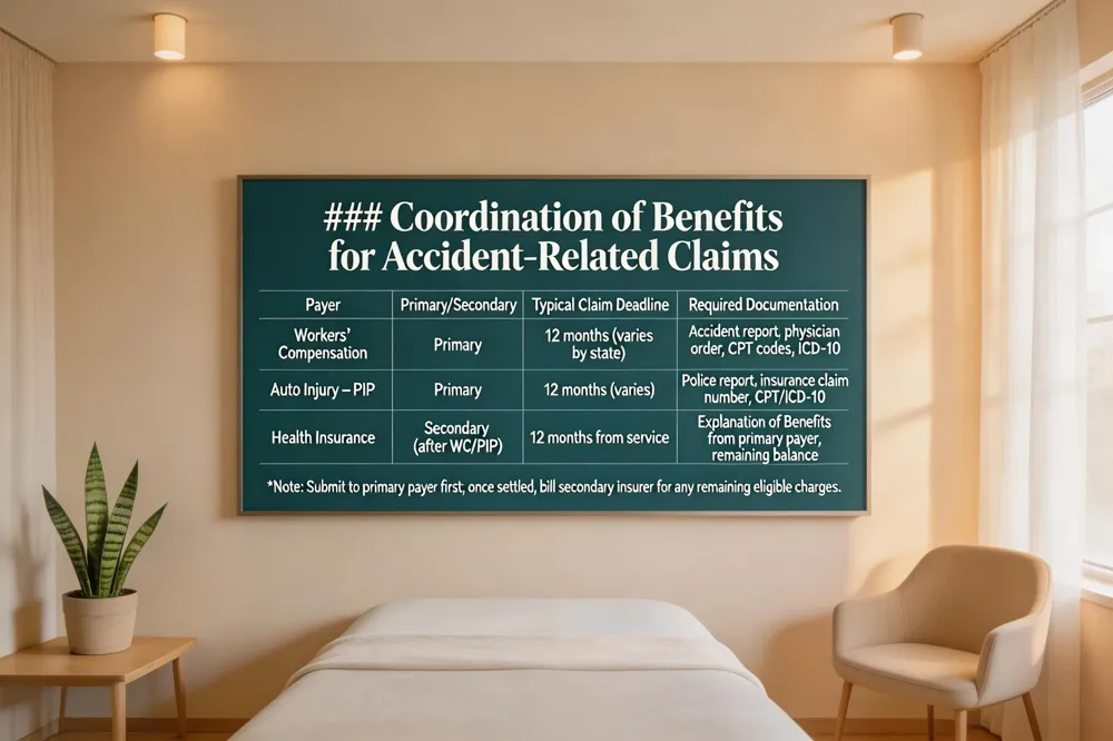 ### Coordination of Benefits for Accident‑Related Claims
| Payer | Primary/Secondary | Typical Claim Deadline | Required Documentation |
|---|---|---|---|
| Workers’ Compensation | Primary | 12 months (varies by state) | Accident report, physician order, CPT codes, ICD‑10 |
| Auto Injury – PIP | Primary | 12 months (varies) | Police report, insurance claim number, CPT/ICD‑10 |
| Health Insurance | Secondary (after WC/PIP) | 12 months from service | Explanation of Benefits from primary payer, remaining balance |
Note: Submit to primary payer first; once settled, bill secondary insurer for any remaining eligible charges.