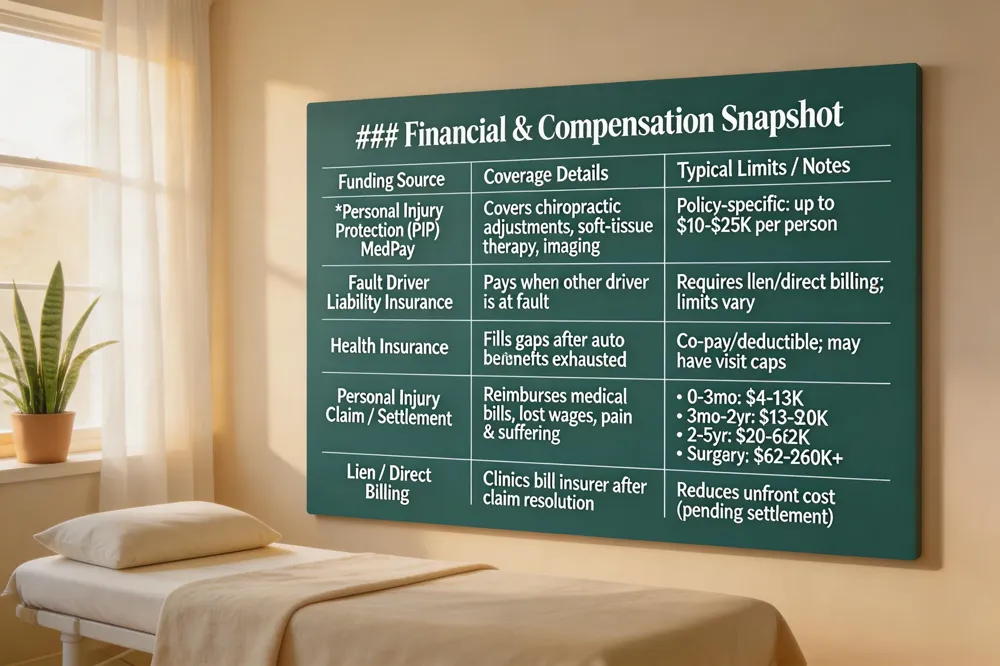 ### Financial & Compensation Snapshot
| Funding Source | Coverage Details | Typical Limits / Notes |
|---|---|---|
| Personal Injury Protection (PIP) / MedPay | Covers medically necessary chiropractic adjustments, soft‑tissue therapy, and imaging. | Policy‑specific limits; often up to $10‑$25 K per person. |
| Fault Driver Liability Insurance | Pays for your treatment when the other driver is at fault. | May require lien or direct billing; limits vary by policy. |
| Health Insurance | Fills gaps after auto benefits are exhausted. | Usually requires co‑pay/deductible; may have visit caps. |
| Personal Injury Claim / Settlement | Reimbursement for medical bills, lost wages, pain & suffering. | Compensation ranges (approx.):<br>• 0‑3 mo: $4‑$13 K<br>• 3 mo‑2 yr: $13‑$20 K<br>• 2‑5 yr: $20‑$62 K<br>• Surgery/permanent injury: $62‑$260 K+ |
| ** lien / Direct Billing** | Clinics may bill insurer after claim resolution, reducing upfront cost. | Useful when settlement is pending. |
| 
