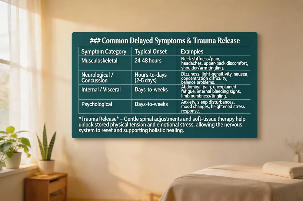 ### Common Delayed Symptoms & Trauma Release
| Symptom Category | Typical Onset | Examples |
|---|---|---|
| Musculoskeletal | 24‑48 hours | Neck stiffness/pain, headaches, upper‑back discomfort, shoulder/arm tingling. |
| Neurological / Concussion | Hours‑to‑days (often 2‑5 days) | Dizziness, light‑sensitivity, nausea, concentration difficulty, balance problems. |
| Internal / Visceral | Days‑to‑weeks | Abdominal pain, unexplained fatigue, internal bleeding signs, limb numbness/tingling. |
| Psychological | Days‑to‑weeks | Anxiety, sleep disturbances, mood changes, heightened stress response. |
Trauma Release – Gentle spinal adjustments and soft‑tissue therapy help unlock stored physical tension and emotional stress, allowing the nervous system to reset and supporting holistic healing. | 