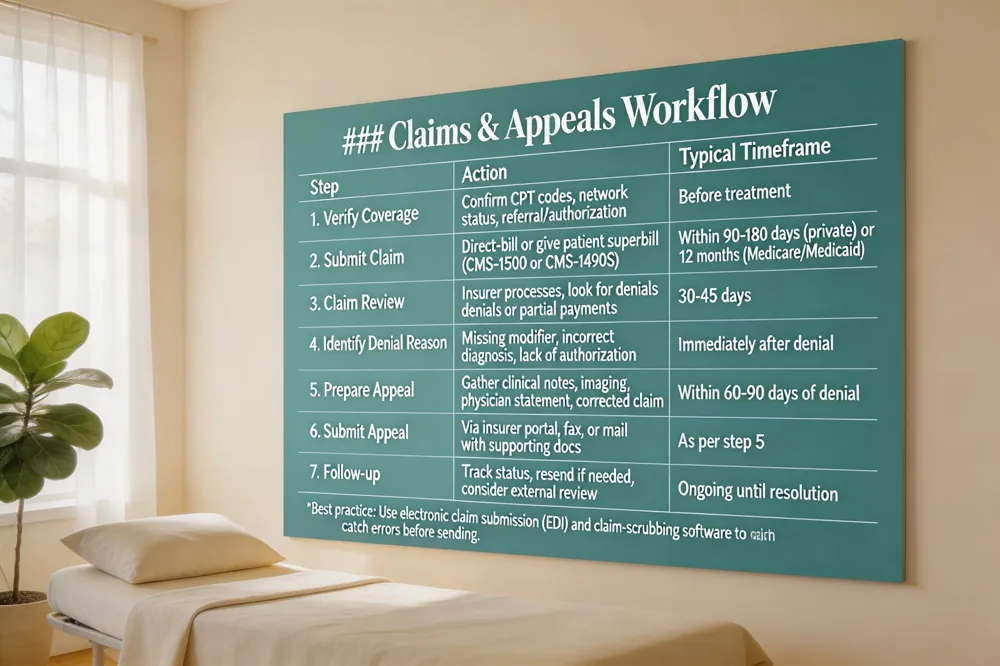 ### Claims & Appeals Workflow
| Step | Action | Typical Timeframe |
|---|---|---|
| 1. Verify Coverage | Confirm CPT codes, network status, referral/authorization | Before treatment |
| 2. Submit Claim | Direct‑bill or give patient superbill (CMS‑1500 or CMS‑1490S) | Within 90‑180 days (private) or 12 months (Medicare/Medicaid) |
| 3. Claim Review | Insurer processes; look for denials or partial payments | 30‑45 days |
| 4. Identify Denial Reason | Missing modifier, incorrect diagnosis, lack of authorization | Immediately after denial |
| 5. Prepare Appeal | Gather clinical notes, imaging, physician statement, corrected claim | Within 60‑90 days of denial |
| 6. Submit Appeal | Via insurer portal, fax, or mail with supporting docs | As per step 5 |
| 7. Follow‑up | Track status, resend if needed, consider external review | Ongoing until resolution |
Best practice: Use electronic claim submission (EDI) and claim‑scrubbing software to catch errors before sending.