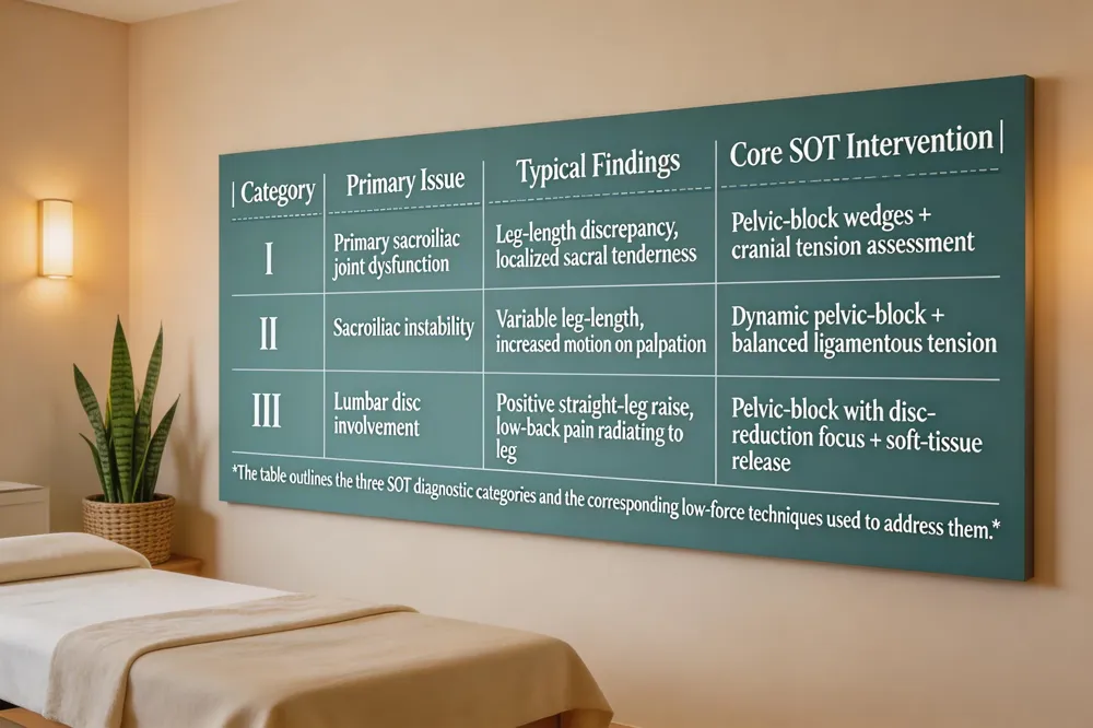 | Category | Primary Issue | Typical Findings | Core SOT Intervention | |----------|---------------|------------------|-----------------------| | I | Primary sacroiliac joint dysfunction | Leg‑length discrepancy, localized sacral tenderness | Pelvic‑block wedges + cranial tension assessment | | II | Sacroiliac instability | Variable leg‑length, increased motion on palpation | Dynamic pelvic‑block + balanced ligamentous tension | | III | Lumbar disc involvement | Positive straight‑leg raise, low‑back pain radiating to leg | Pelvic‑block with disc‑reduction focus + soft‑tissue release |
The table outlines the three SOT diagnostic categories and the corresponding low‑force techniques used to address them.