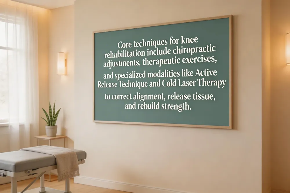 Core techniques for knee rehabilitation include chiropractic adjustments, therapeutic exercises, and specialized modalities like Active Release Technique and Cold Laser Therapy to correct alignment, release tissue, and rebuild strength.