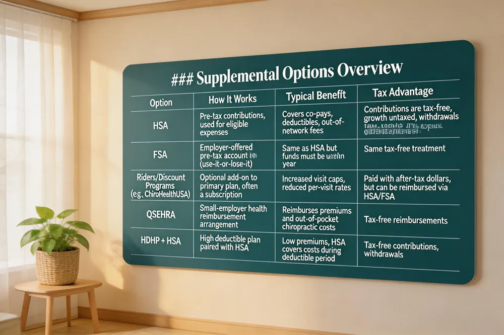 ### Supplemental Options Overview
| Option | How It Works | Typical Benefit | Tax Advantage |
|---|---|---|---|
| HSA | Pre‑tax contributions, used for eligible expenses | Covers co‑pays, deductibles, out‑of‑network fees | Contributions are tax‑free, growth untaxed, withdrawals tax‑free for qualified expenses |
| FSA | Employer‑offered pre‑tax account (use‑it‑or‑lose‑it) | Same as HSA but funds must be used within plan year | Same tax‑free treatment |
| Riders/Discount Programs (e.g., ChiroHealthUSA) | Optional add‑on to primary plan, often a subscription | Increased visit caps, reduced per‑visit rates | Paid with after‑tax dollars, but can be reimbursed via HSA/FSA |
| QSEHRA | Small‑employer health reimbursement arrangement | Reimburses premiums and out‑of‑pocket chiropractic costs | Tax‑free reimbursements |
| HDHP + HSA | High deductible plan paired with HSA | Low premiums, HSA covers costs during deductible period | Tax‑free contributions, withdrawals |
Bottom line: Combine low‑cost plans with tax‑advantaged accounts to maximize savings.