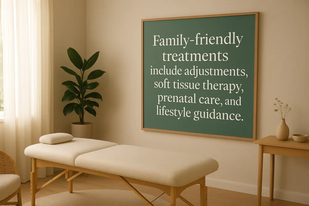 Family-friendly treatments include adjustments, soft tissue therapy, prenatal care, and lifestyle guidance.
