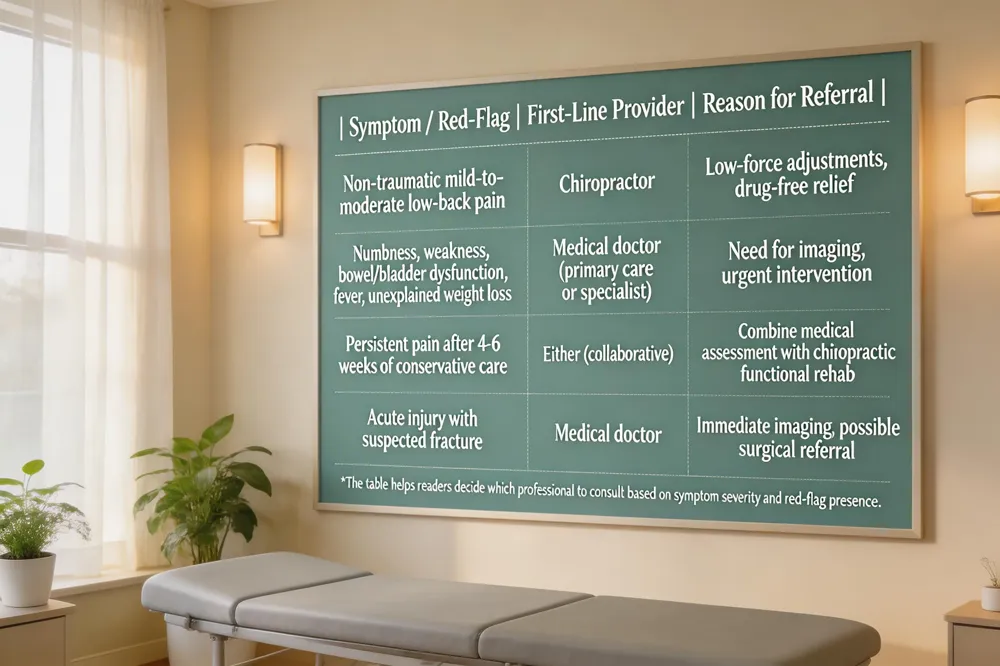| Symptom / Red‑Flag | First‑Line Provider | Reason for Referral | |---------------------|--------------------|---------------------| | Non‑traumatic mild‑to‑moderate low‑back pain | Chiropractor | Low‑force adjustments, drug‑free relief | | Numbness, weakness, bowel/bladder dysfunction, fever, unexplained weight loss | Medical doctor (primary care or specialist) | Need for imaging, urgent intervention | | Persistent pain after 4‑6 weeks of conservative care | Either (collaborative) | Combine medical assessment with chiropractic functional rehab | | Acute injury with suspected fracture | Medical doctor | Immediate imaging, possible surgical referral |
The table helps readers decide which professional to consult based on symptom severity and red‑flag presence.