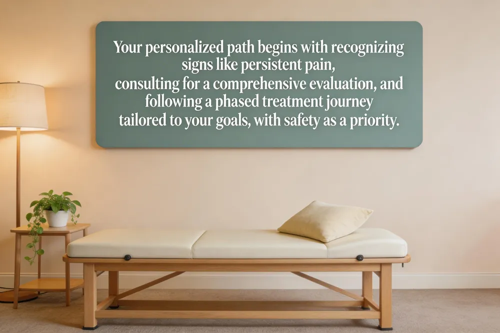 Your personalized path begins with recognizing signs like persistent pain, consulting for a comprehensive evaluation, and following a phased treatment journey tailored to your goals, with safety as a priority.