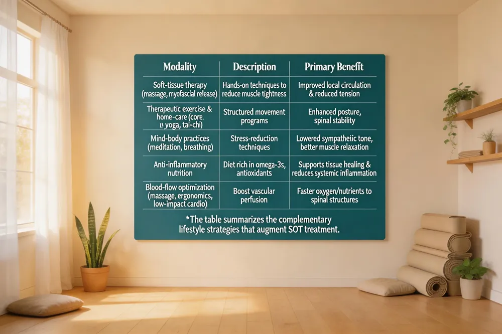 | Modality | Description | Primary Benefit | |----------|-------------|-----------------| | Soft‑tissue therapy (massage, myofascial release) | Hands‑on techniques to reduce muscle tightness | Improved local circulation & reduced tension | | Therapeutic exercise & home‑care (core strengthening, yoga, tai‑chi) | Structured movement programs | Enhanced posture, spinal stability | | Mind‑body practices (meditation, breathing) | Stress‑reduction techniques | Lowered sympathetic tone, better muscle relaxation | | Anti‑inflammatory nutrition | Diet rich in omega‑3s, antioxidants | Supports tissue healing & reduces systemic inflammation | | Blood‑flow optimization (massage, ergonomic ergonomics, | Low‑impact cardio) | Activities that boost vascular perfusion | Faster delivery of oxygen/nutrients to spinal structures |
The table summarizes the complementary lifestyle strategies that augment SOT treatment.