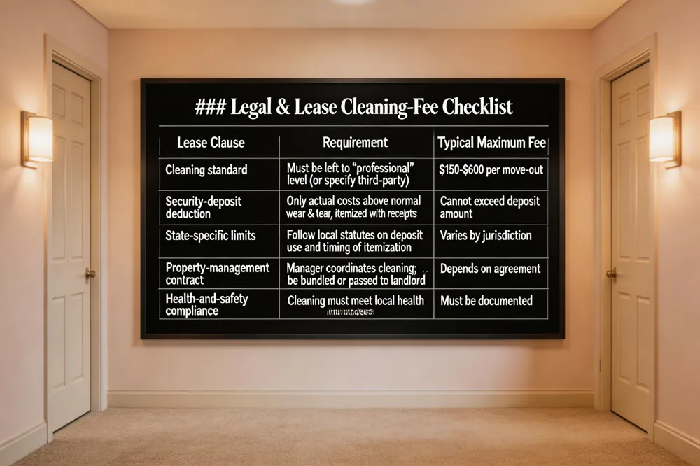 ### Legal & Lease Cleaning‑Fee Checklist
| Lease Clause | Requirement | Typical Maximum Fee |
|---|---|---|
| Cleaning standard | Must be left to “professional” level (or specify third‑party) | $150‑$600 per move‑out |
| Security‑deposit deduction | Only actual costs above normal wear & tear, itemized with receipts | Cannot exceed deposit amount |
| State‑specific limits | Follow local statutes on deposit use and timing of itemization | Varies by jurisdiction |
| Property‑management contract | Manager coordinates cleaning; cost may be bundled or passed to landlord | Depends on agreement |
| Health‑and‑safety compliance | Cleaning must meet local health codes | Must be documented |
