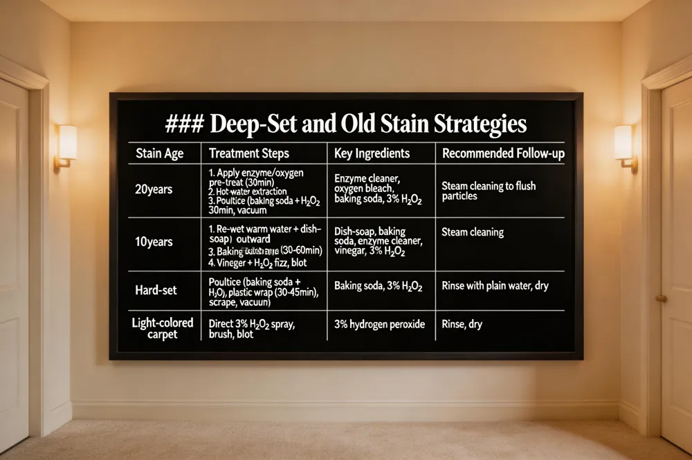 ### Deep‑Set and Old Stain Strategies
| Stain Age | Treatment Steps | Key Ingredients | Recommended Follow‑up |
|---|---|---|---|
| 20 years | 1. Apply enzyme or oxygen‑based pre‑treat (30 min) 2. Hot‑water extraction 3. If residue, poultice (baking soda + H₂O₂) 30 min, vacuum | Enzyme cleaner, oxygen bleach, baking soda, 3 % H₂O₂ | Steam cleaning to flush particles |
| 10 years | 1. Re‑wet with warm water + dish‑soap 2. Blot outward 3. Apply thick baking‑soda paste or enzyme cleaner (30‑60 min) 4. For pigment marks, vinegar + H₂O₂ fizz, blot, rinse | Dish‑soap, baking soda, enzyme cleaner, white vinegar, 3 % H₂O₂ | Steam cleaning |
| Hard‑set | Poultice of baking soda + H₂O₂, cover with plastic wrap (30‑45 min), scrape gently, vacuum | Baking soda, 3 % H₂O₂ | Rinse with plain water, dry |
| Light‑colored carpet | Direct 3 % H₂O₂ spray, brush, blot | 3 % hydrogen peroxide | Rinse, dry |
