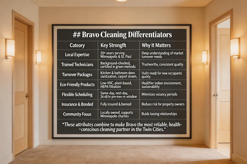 ### Bravo Cleaning Differentiators
| Category | Key Strength | Why It Matters |
|---|---|---|
| Local Expertise | 20+ years serving Minneapolis & St. Paul | Deep understanding of market turnover needs |
| Trained Technicians | Background‑checked, certified in green methods | Trustworthy, consistent quality |
| Turnover Packages | Kitchen & bathroom deep sanitization, carpet steam, interior windows | Units ready for new occupants quickly |
| Eco‑Friendly Products | Low‑VOC, plant‑based, HEPA filtration | Healthier indoor environment, sustainability |
| Flexible Scheduling | Same‑day, next‑day, 24–48 hr pre‑move‑in window | Minimizes vacancy periods |
| Insurance & Bonded | Fully insured & bonded | Reduces risk for property owners |
| Community Focus | Locally owned, supports Minneapolis charities | Builds lasting relationships |
These attributes combine to make Bravo the most reliable, health‑conscious cleaning partner in the Twin Cities.
