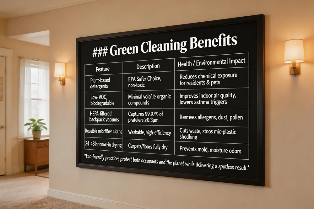 ### Green Cleaning Benefits
| Feature | Description | Health / Environmental Impact |
|---|---|---|
| Plant‑based detergents | Certified EPA Safer Choice, non‑toxic | Reduces chemical exposure for residents & pets |
| Low‑VOC, biodegradable solutions | Minimal volatile organic compounds | Improves indoor air quality, lowers asthma triggers |
| HEPA‑filtered backpack vacuums | Captures 99.97 % of particles ≥0.3 µm | Removes allergens, dust, and pollen from surfaces |
| Reusable microfiber cloths | Washable, high‑efficiency cleaning | Cuts waste, prevents micro‑plastic shedding |
| 24‑48 hr drying window before move‑in | Allows carpets/floors to fully dry | Prevents mold growth and lingering moisture odors |
Eco‑friendly practices protect both occupants and the planet while delivering a spotless result.