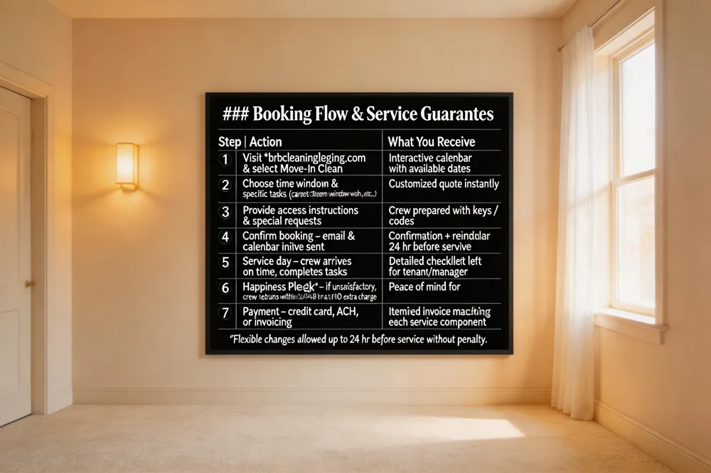 ### Booking Flow & Service Guarantees
| Step | Action | What You Receive |
|---|
| 1️⃣ | Visit brb cleaningleging.com and select Move‑In Clean | Interactive calendar with available dates | 2️⃣ | Choose time window & specific tasks (carpet steam, window wash, etc.) | Customized quote instantly | | 3️⃣ | Provide access instructions & special requests | Crew prepared with keys / codes | | 4️⃣ | Confirm booking – email & calendar invite sent | Confirmation + reminder 24 hr before service | | 5️⃣ | Service day – crew arrives on time, completes tasks | Detailed checklist left for tenant/manager | | 6️⃣ | Happiness Pledge – if unsatisfactory, crew returns within 24‑48 hr at no extra charge | Peace of mind for lease‑inspection standards | | 7️⃣ | Payment – credit card, ACH, or invoicing | Itemized invoice matching each service component |
Flexible changes allowed up to 24 hr before service without penalty.