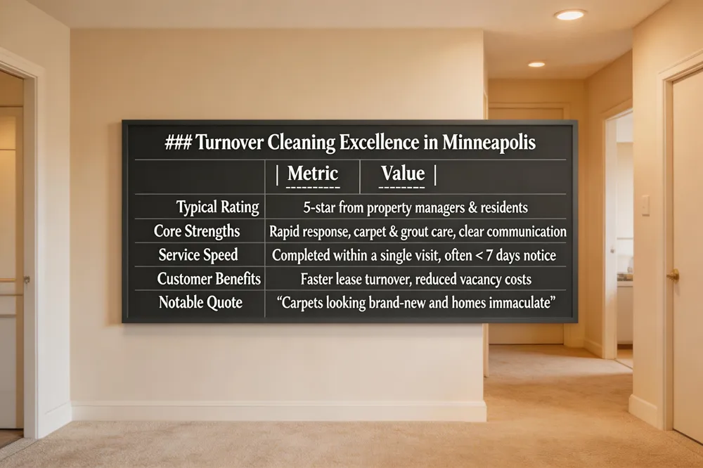 ### Turnover Cleaning Excellence in Minneapolis
| Metric | Value |
|---|---|
| Typical Rating | 5‑star from property managers & residents |
| Core Strengths | Rapid response, carpet & grout care, clear communication |
| Service Speed | Completed within a single visit, often < 7 days notice |
| Customer Benefits | Faster lease turnover, reduced vacancy costs |
| Notable Quote | “Carpets looking brand‑new and homes immaculate” |

