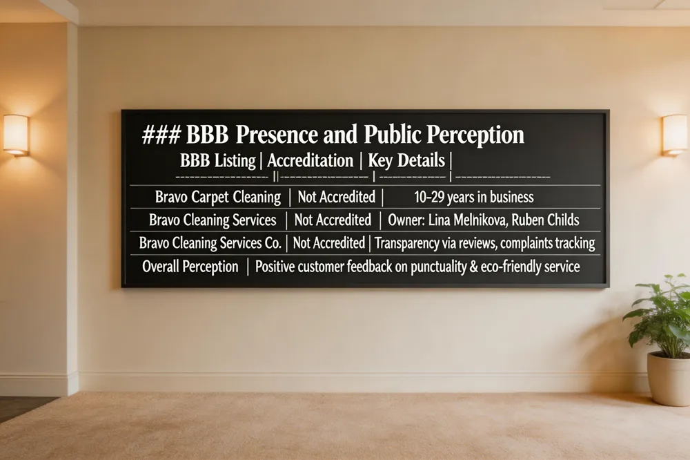 ### BBB Presence and Public Perception
| BBB Listing | Accreditation | Key Details | |-------------|---------------|-------------| | Bravo Carpet Cleaning | Not Accredited | 10‑29 years in business | | Bravo Cleaning Services | Not Accredited | Owner: Lina Melnikova, Ruben Childs | | Bravo Cleaning Services Co. | Not Accredited | Transparency via reviews, complaints tracking | | Overall Perception | Positive customer feedback on punctuality & eco‑friendly service | 