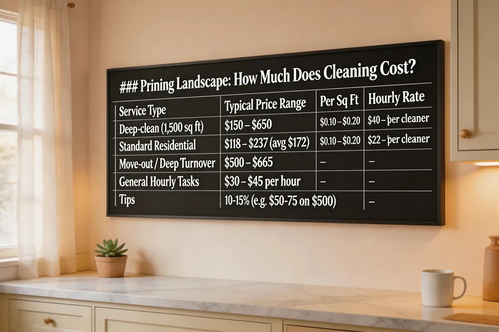 ### Pricing Landscape: How Much Does Cleaning Cost?
| Service Type | Typical Price Range | Per Sq Ft (approx.) | Hourly Rate |
|---|---|---|---|
| Deep‑clean (1,500 sq ft home) | $150 – $650 (larger/heavily soiled) | $0.10 – $0.20 | $40 – $65 per cleaner |
| Standard Residential Cleaning | $118 – $237 per visit (average $172) | $0.10 – $0.20 | $22 – $30 per cleaner |
| Move‑out / Deep Turnover | $500 – $665 per visit | – | – |
| Hourly Rate (general tasks) | $30 – $45 per hour (depends on size/condition) | – | – |
| Tips | 10‑15% of bill (e.g., $50‑$75 on $500) | – | – |
