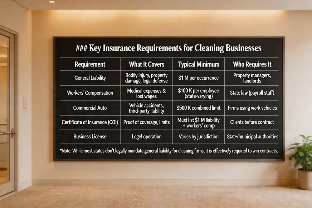 ### Key Insurance Requirements for Cleaning Businesses
| Requirement | What It Covers | Typical Minimum | Who Requires It |
|---|---|---|---|
| General Liability | Bodily injury, property damage, legal defense | $1 M per occurrence (commonly) | Property managers, landlords, most contracts |
| Workers’ Compensation | Medical expenses & lost wages for employees | Varies by state (often $100 K per employee) | State law when employees are on payroll |
| Commercial Auto | Vehicle accidents, third‑party liability | $500 K combined single limit (common) | Firms using work vehicles |
| Certificate of Insurance (COI) | Proof of coverage, limits, endorsements | Must list $1 M liability & workers’ comp | Clients before contract signing |
| Business License | Legal operation of a cleaning business | Varies by jurisdiction | State/municipal authorities |
Note: While most states don’t legally mandate general liability for cleaning firms, it is effectively required to win contracts.