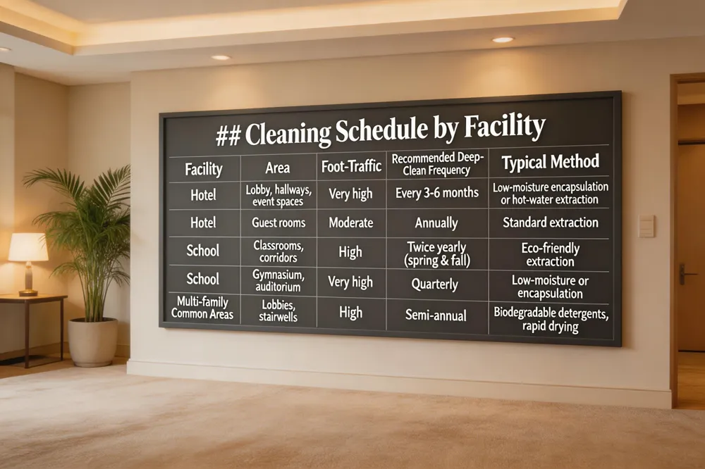 ## Cleaning Schedule by Facility
| Facility | Area | Foot‑Traffic | Recommended Deep‑Clean Frequency | Typical Method |
|---|---|---|---|---|
| Hotel | Lobby, hallways, event spaces | Very high | Every 3‑6 months | Low‑moisture encapsulation or hot‑water extraction |
| Hotel | Guest rooms | Moderate | Annually | Standard extraction |
| School | Classrooms, corridors | High | Twice yearly (spring & fall) | Eco‑friendly extraction |
| School | Gymnasium, auditorium | Very high | Quarterly | Low‑moisture or encapsulation |
| Multi‑family Common Areas | Lobbies, stairwells | High | Semi‑annual | Biodegradable detergents, rapid drying |
