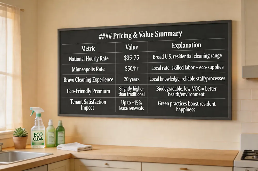 #### Pricing & Value Summary
| Metric | Value | Explanation |
|---|---|---|
| National Hourly Rate | $35‑$75 | Broad U.S. market range for residential cleaning |
| Minneapolis Rate | $50/hr | Competitive local rate covering skilled labor & eco‑supplies |
| Bravo Cleaning Experience | 20 years | Deep local knowledge, refined processes, reliable staff |
| Eco‑Friendly Premium | Slightly higher than traditional chemicals | Biodegradable, low‑VOC products improve health & environmental outcomes |
| Tenant Satisfaction Impact | Up to +15 % lease renewals | Reliable turnover & green practices boost resident happiness |
