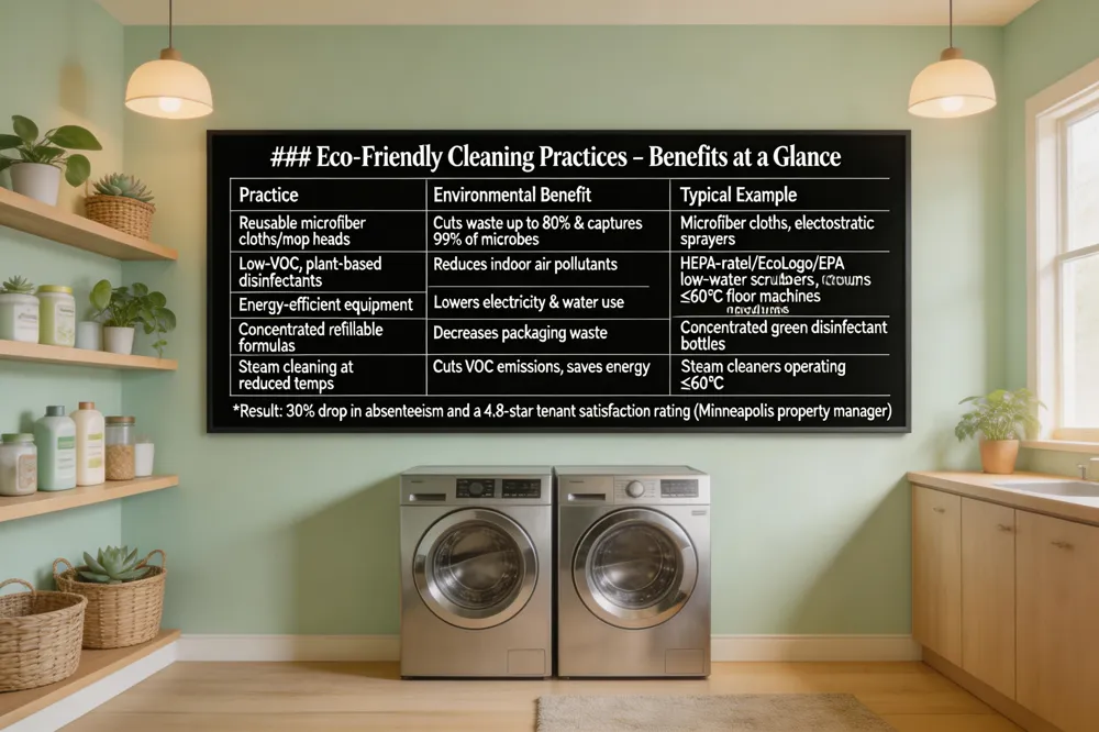 ### Quick Reference Table – High‑Touch Surface Cleaning Basics
| Step | Action | Key Details |
|---|---|---|
| 1 | Pre‑clean | Remove visible soil using soap and water; use microfiber cloths or mop heads (captures up to 99 % of microbes). |
| 2 | Disinfect | Apply EPA‑registered disinfectant at label‑specified concentration. |
| 3 | Contact Time | Maintain dwell time (typically 1–10 min) for full microbial reduction. |
| 4 | Dry | Air‑dry or towel‑dry to prevent residue. |
| 5 | Verify | Use ATP testing or visual inspection to confirm efficacy. |
Frequency Guidelines
Frequency guidelines vary by traffic level. High‑traffic zones (lobbies, restrooms, break rooms) should be cleaned at least twice daily, while shared items such as keyboards or printers may require wiping after each use. During outbreaks or when a sick individual has been present, immediate disinfection of all high‑touch points is essential.
Adhering to these practices reduces the spread of bacteria, viruses, and fungi, supports indoor‑air quality, and aligns with eco‑friendly cleaning standards that many property managers now demand.
![### Eco‑Friendly Cleaning Practices – Benefits at a Glance
| Practice | Environmental Benefit | Typical Example |
|---|---|---|
| Reusable microfiber cloths/mop heads | Cuts waste up to 80 % and captures 99 % of microbes | Microfiber cloths, electrostatic sprayers |
| Low‑VOC, plant‑based disinfectants | Reduces indoor air pollutants | Green Seal/EcoLogo/EPA Safer Choice products |
| Energy‑efficient equipment | Lowers electricity & water use | HEPA‑rated vacuums, low‑water scrubbers, ≤60 °C floor machines |
| Concentrated refillable formulas | Decreases packaging waste | Concentrated green disinfectant bottles |
| Steam cleaning at reduced temps | Cuts VOC emissions, saves energy | Steam cleaners operating ≤60 °C |
Result: 30 % drop in absenteeism and a 4.8‑star tenant satisfaction rating reported by a Minneapolis property manager.
