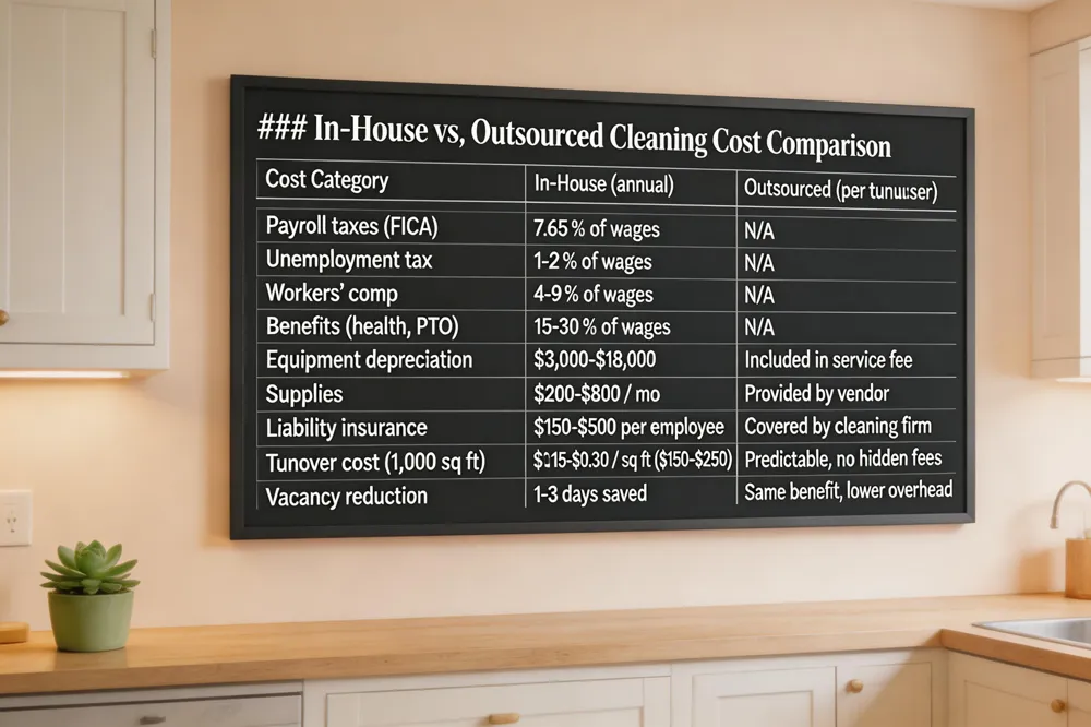 ### In‑House vs. Outsourced Cleaning Cost Comparison
| Cost Category | In‑House (annual) | Outsourced (per turnover) |
|---|---|---|
| Payroll taxes (FICA) | 7.65 % of wages | N/A |
| Unemployment tax | 1‑2 % of wages | N/A |
| Workers’ comp | 4‑9 % of wages | N/A |
| Benefits (health, PTO) | 15‑30 % of wages | N/A |
| Equipment depreciation | $3,000‑$18,000 | Included in service fee |
| Supplies | $200‑$800 / mo | Provided by vendor |
| Liability insurance | $150‑$500 per employee | Covered by cleaning firm |
| Turnover cost (per 1,000 sq ft) | $0.15‑$0.30 / sq ft ($150‑$250) | Predictable, no hidden fees |
| Vacancy reduction impact | 1‑3 days saved | Same benefit, lower overhead |
