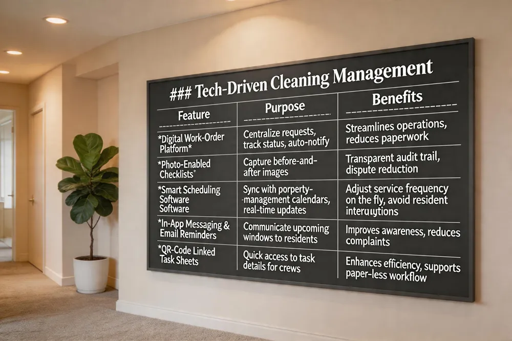 #### Tech‑Driven Cleaning Management
| Feature | Purpose | Benefits |
|---|---|---|
| Digital Work‑Order Platform | Centralize requests, track status, auto‑notify | Streamlines operations, reduces paperwork |
| Photo‑Enabled Checklists | Capture before‑and‑after images | Transparent audit trail, dispute reduction |
| Smart Scheduling Software | Sync with property‑management calendars, real‑time updates | Adjust service frequency on the fly, avoid resident interruptions |
| In‑App Messaging & Email Reminders | Communicate upcoming windows to residents | Improves awareness, reduces complaints |
| QR‑Code Linked Task Sheets | Quick access to task details for crews | Enhances efficiency, supports paper‑less workflow |
