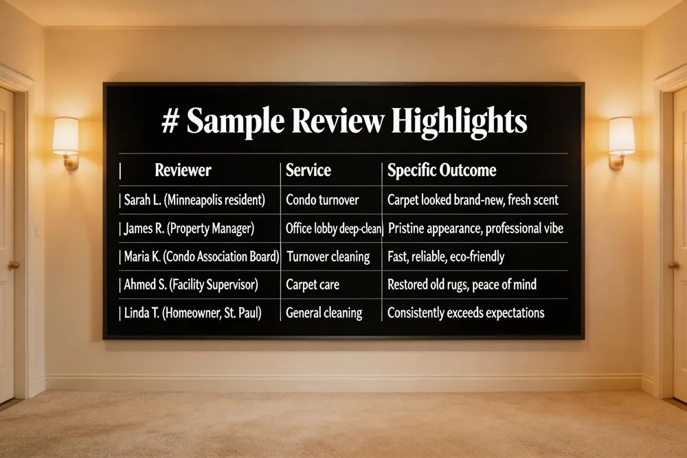 # Sample Review Highlights
| Reviewer | Service | Specific Outcome |
|---|---|---|
| Sarah L. (Minneapolis resident) | Condo turnover | Carpet looked brand‑new, fresh scent |
| James R. (Property Manager) | Office lobby deep‑clean | Pristine appearance, professional vibe |
| Maria K. (Condo Association Board) | Turnover cleaning | Fast, reliable, eco‑friendly |
| Ahmed S. (Facility Supervisor) | Carpet care | Restored old rugs, peace of mind |
| Linda T. (Homeowner, St. Paul) | General cleaning | Consistently exceeds expectations |

