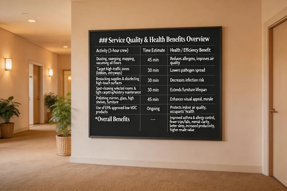 ### Service Quality & Health Benefits Overview
| Activity (3‑hour crew) | Time Estimate | Health / Efficiency Benefit | |------------------------|---------------|-----------------------------| | Dusting, sweeping, mopping, vacuuming all floors | 45 min | Reduces allergens, improves air quality | | Target high‑traffic zones (lobbies, entryways) | 30 min | Lowers pathogen spread | | Restocking supplies & disinfecting high‑touch surfaces | 30 min | Decreases infection risk | | Spot‑cleaning selected rooms & light carpet/upholstery maintenance | 30 min | Extends furniture lifespan | | Polishing mirrors, glass, high shelves, furniture | 45 min | Enhances visual appeal, morale | | Use of EPA‑approved low‑VOC products | Ongoing | Protects indoor air quality, occupants’ health | | Overall Benefits | / n **Improved asthma & allergy control, fewer trips/falls, mental clarity, better sleep, increased productivity, higher resale value | 