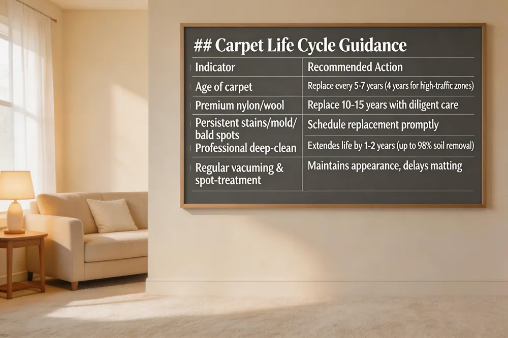 ## Carpet Life Cycle Guidance
| Indicator | Recommended Action |
|---|---|
| Age of carpet in standard unit | Replace every 5‑7 years (4 years for high‑traffic zones) |
| Premium nylon/wool | Replace 10‑15 years with diligent care |
| Persistent stains, water damage, mold, bald spots, loss of softness | Schedule replacement promptly |
| Professional deep‑clean performed | Extends life by 1‑2 years (up to 98 % soil removal) |
| Regular vacuuming & spot‑treatment | Maintains appearance, delays matting |
