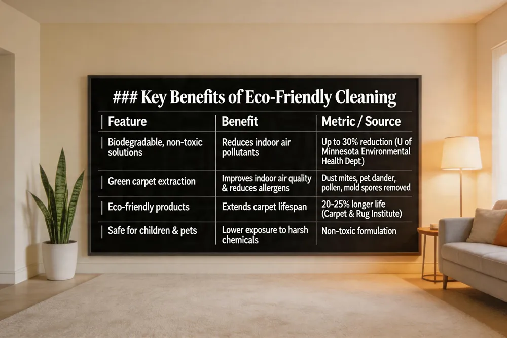 ### Key Benefits of Eco‑Friendly Cleaning
| Feature | Benefit | Metric / Source |
|---|---|---|
| Biodegradable, non‑toxic solutions | Reduces indoor air pollutants | Up to 30 % reduction (U of Minnesota Environmental Health Dept.) |
| Green carpet extraction | Improves indoor air quality & reduces allergens | Dust mites, pet dander, pollen, mold spores removed |
| Eco‑friendly products | Extends carpet lifespan | 20‑25 % longer life (Carpet & Rug Institute) |
| Safe for children & pets | Lower exposure to harsh chemicals | Non‑toxic formulation |
