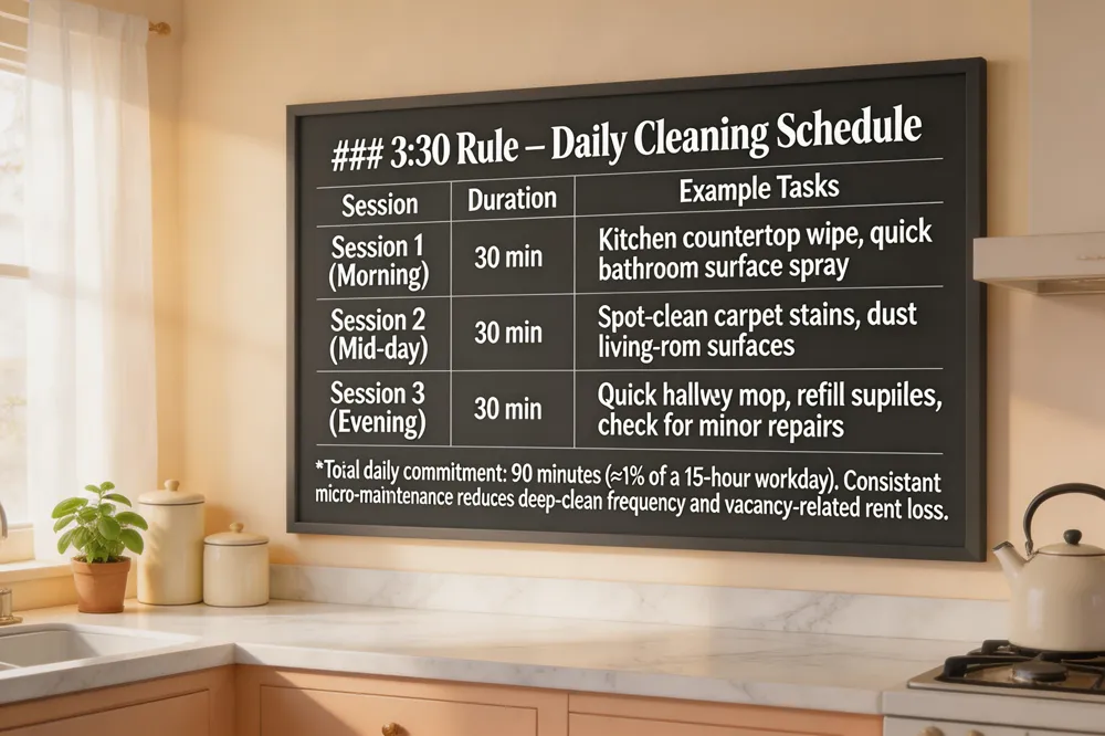 ### 3:30 Rule – Daily Cleaning Schedule
| Session | Duration | Example Tasks |
|---|---|---|
| Session 1 (Morning) | 30 min | Kitchen countertop wipe, quick bathroom surface spray |
| Session 2 (Mid‑day) | 30 min | Spot‑clean carpet stains, dust living‑room surfaces |
| Session 3 (Evening) | 30 min | Quick hallway mop, refill supplies, check for minor repairs |
Total daily commitment: 90 minutes (≈1 % of a 15‑hour workday). Consistent micro‑maintenance reduces deep‑clean frequency and vacancy‑related rent loss. 