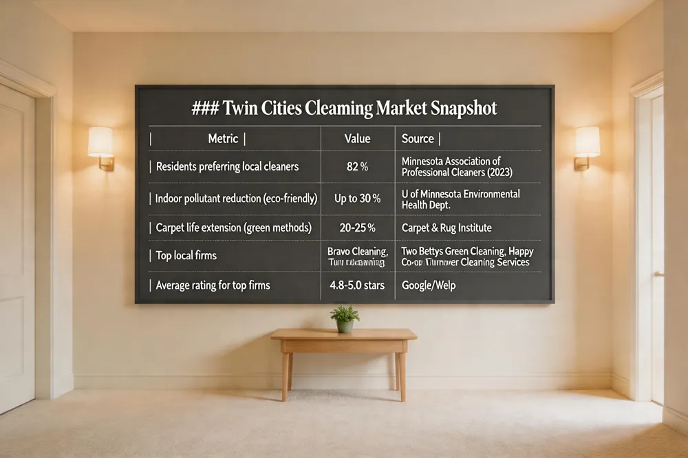 ### Twin Cities Cleaning Market Snapshot
| Metric | Value | Source |
|---|---|---|
| Residents preferring local cleaners | 82 % | Minnesota Association of Professional Cleaners (2023) |
| Indoor pollutant reduction (eco‑friendly) | Up to 30 % | U of Minnesota Environmental Health Dept. |
| Carpet life extension (green methods) | 20‑25 % | Carpet & Rug Institute |
| Top local firms (examples) | Bravo Cleaning, Two Bettys Green Cleaning, Happy Earth Cleaning Co‑op, Turnover Cleaning Services | Market observation |
| Average rating for top firms | 4.8‑5.0 stars | Google/Yelp |
