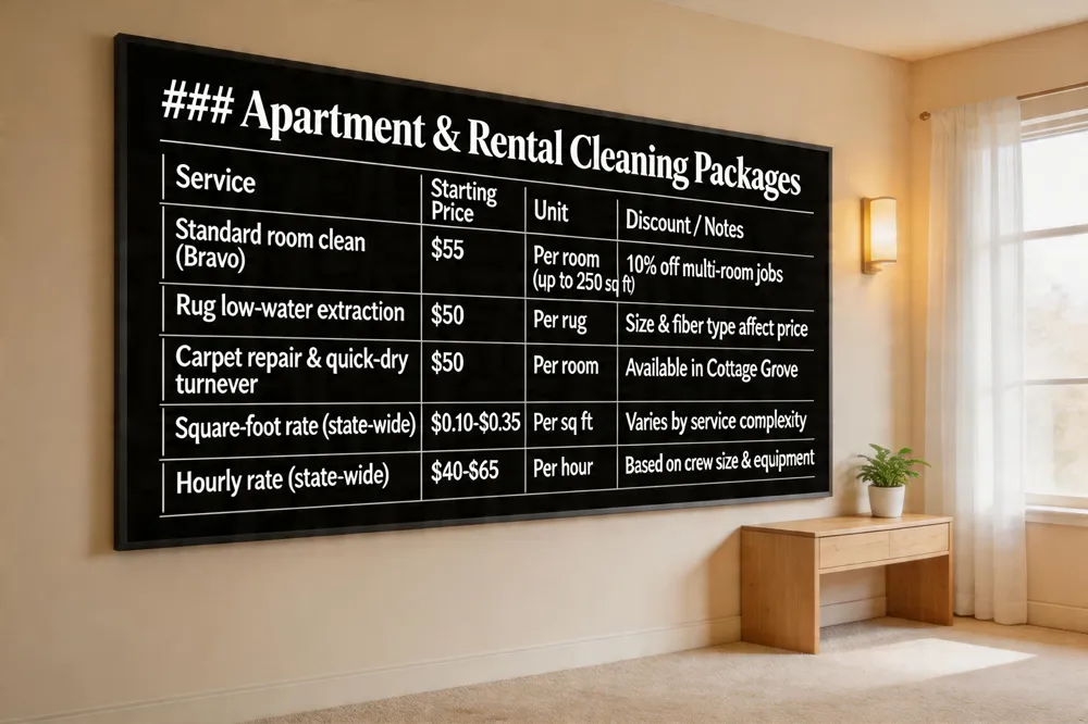 ### Apartment & Rental Cleaning Packages
| Service | Starting Price | Unit | Discount / Notes |
|---|---|---|---|
| Standard room clean (Bravo) | $55 | Per room (up to 250 sq ft) | 10 % off multi‑room jobs |
| Rug low‑water extraction | $50 | Per rug | Size & fiber type affect price |
| Carpet repair & quick‑dry turnover | $50 | Per room | Available in Cottage Grove |
| Square‑foot rate (state‑wide) | $0.10‑$0.35 | Per sq ft | Varies by service complexity |
| Hourly rate (state‑wide) | $40‑$65 | Per hour | Based on crew size & equipment |
