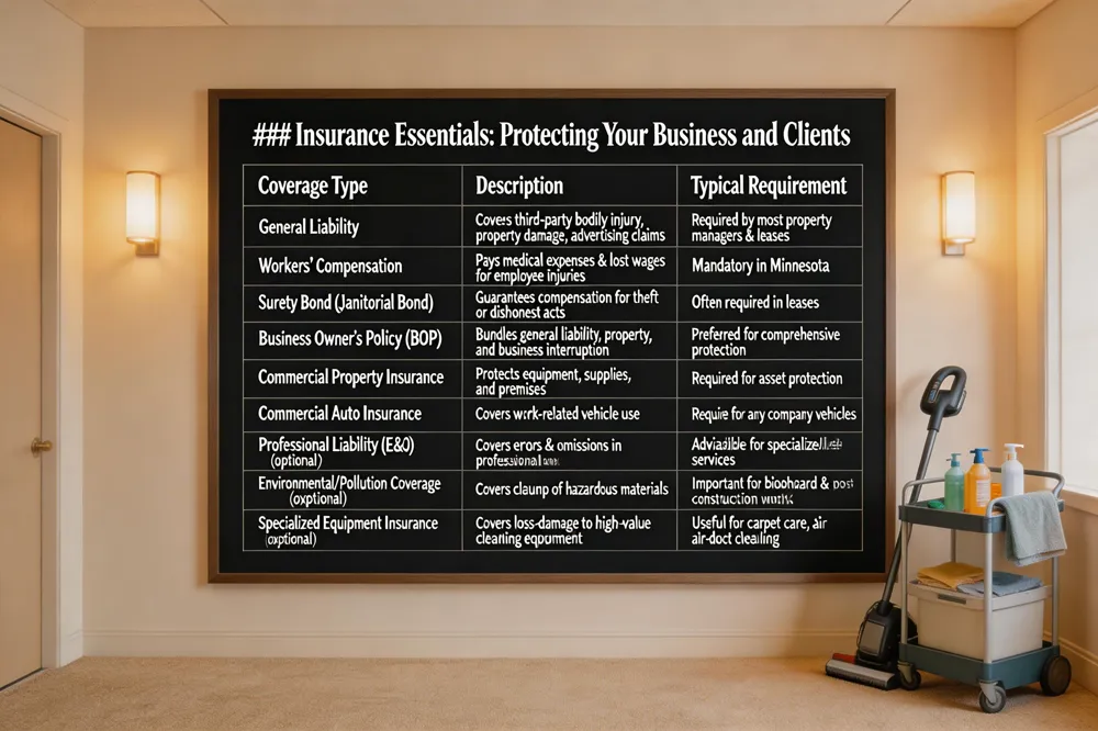 ### Insurance Essentials: Protecting Your Business and Clients
| Coverage Type | Description | Typical Requirement |
|---|---|---|
| General Liability | Covers third‑party bodily injury, property damage, advertising claims | Required by most property managers & leases |
| Workers’ Compensation | Pays medical expenses & lost wages for employee injuries | Mandatory in Minnesota |
| Surety Bond (Janitorial Bond) | Guarantees compensation for theft or dishonest acts | Often required in leases |
| Business Owner’s Policy (BOP) | Bundles general liability, property, and business interruption | Preferred for comprehensive protection |
| Commercial Property Insurance | Protects equipment, supplies, and premises | Required for asset protection |
| Commercial Auto Insurance | Covers work‑related vehicle use | Required for any company vehicles |
| Professional Liability (E&O) (optional) | Covers errors & omissions in professional advice | Advisable for specialized services |
| Environmental/Pollution Coverage (optional) | Covers cleanup of hazardous materials | Important for biohazard & post‑construction work |
| Specialized Equipment Insurance (optional) | Covers loss/damage to high‑value cleaning equipment | Useful for carpet care, air‑duct cleaning |
