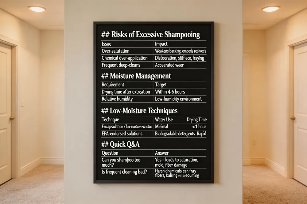 ### Risks of Excessive Shampooing
| Issue | Impact |
|---|---|
| Over‑saturation | Weakens backing, embeds residues |
| Chemical over‑application | Discoloration, stiffness, fraying |
| Frequent deep‑cleans | Accelerated wear |
| Requirement | Target |
|---|---|
| Drying time after extraction | Within 4‑6 hours |
| Relative humidity | Low‑humidity environment |
| Technique | Water Use | Drying Time |
|---|---|---|
| Encapsulation / low‑moisture extraction | Minimal | < 1 hour |
| EPA‑endorsed solutions | Biodegradable detergents | Rapid |
| Question | Answer |
|---|---|
| Can you shampoo too much? | Yes – leads to saturation, mold, fiber damage |
| Is frequent cleaning bad? | Harsh chemicals can fray fibers; balance with vacuuming |

