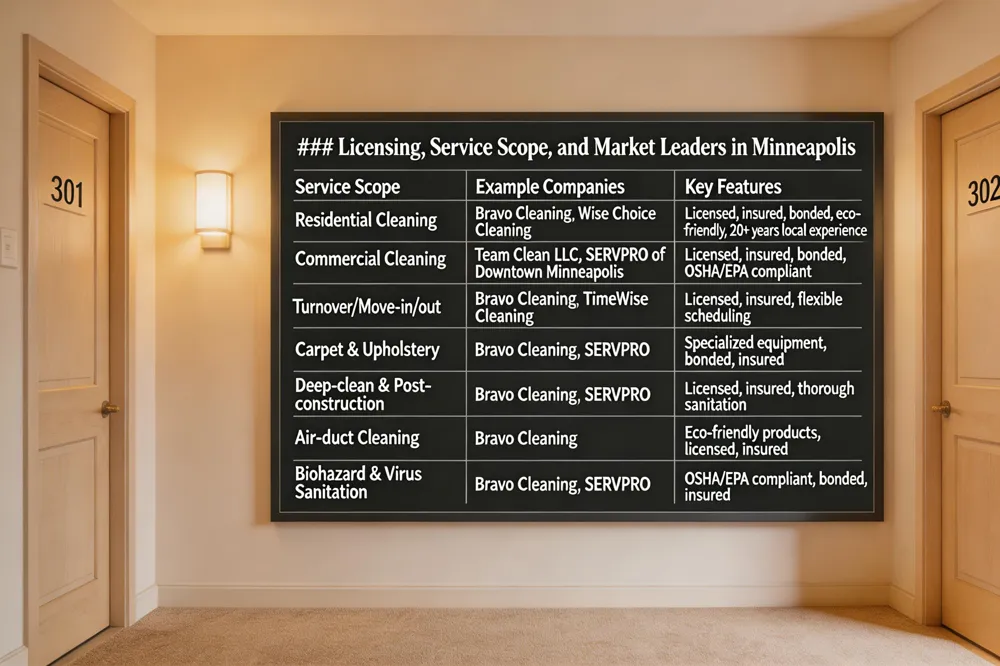 ### Licensing, Service Scope, and Market Leaders in Minneapolis
| Service Scope | Example Companies | Key Features |
|---|---|---|
| Residential Cleaning | Bravo Cleaning, Wise Choice Cleaning | Licensed, insured, bonded, eco‑friendly, 20+ years local experience |
| Commercial Cleaning | Team Clean LLC, SERVPRO of Downtown Minneapolis | Licensed, insured, bonded, OSHA/EPA compliant |
| Turnover/Move‑in/out | Bravo Cleaning, TimeWise Cleaning | Licensed, insured, flexible scheduling |
| Carpet & Upholstery | Bravo Cleaning, SERVPRO | Specialized equipment, bonded, insured |
| Deep‑clean & Post‑construction | Bravo Cleaning, SERVPRO | Licensed, insured, thorough sanitation |
| Air‑duct Cleaning | Bravo Cleaning | Eco‑friendly products, licensed, insured |
| Biohazard & Virus Sanitation | Bravo Cleaning, SERVPRO | OSHA/EPA compliant, bonded, insured |
