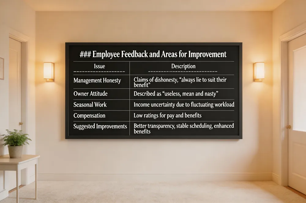 ### Employee Feedback and Areas for Improvement
| Issue | Description |
|---|---|
| Management Honesty | Claims of dishonesty, “always lie to suit their benefit” |
| Owner Attitude | Described as “useless, mean and nasty” |
| Seasonal Work | Income uncertainty due to fluctuating workload |
| Compensation | Low ratings for pay and benefits |
| Suggested Improvements | Better transparency, stable scheduling, enhanced benefits |
