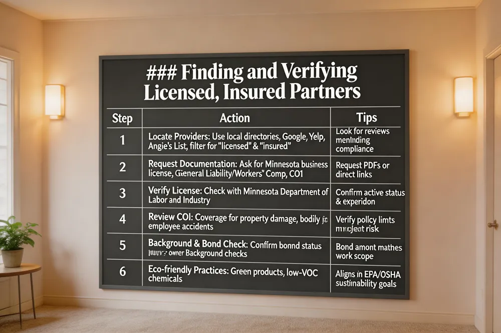### Finding and Verifying Licensed, Insured Partners
| Step | Action | Tips |
|---|---|---|
| Locate Providers | Use local directories, Google, Yelp, Angie’s List; filter for “licensed” and “insured” | Look for reviews mentioning compliance |
| Request Documentation | Ask for Minnesota business license number, General Liability & Workers’ Comp certificates, COI | Request PDFs or direct links |
| Verify License | Check license number with Minnesota Department of Labor and Industry | Confirm active status and expiration date |
| Review COI | Ensure coverage for property damage, bodily injury, employee accidents | Verify policy limits meet project risk profile |
| Background & Bond Check | Confirm bonded status; run background checks on owners/managers | Bond amount should match scope of work |
| Eco‑friendly Practices | Inquire about green products, low‑VOC chemicals | Aligns with EPA/OSHA standards and sustainability goals |

