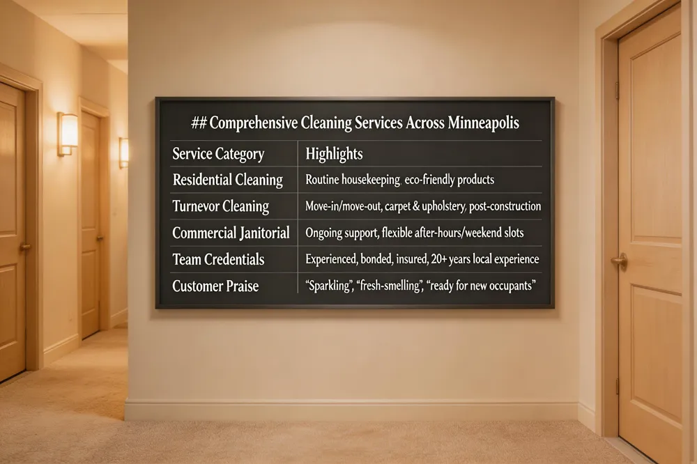 ### Comprehensive Cleaning Services Across Minneapolis
| Service Category | Highlights |
|---|---|
| Residential Cleaning | Routine housekeeping, eco‑friendly products |
| Turnover Cleaning | Move‑in/move‑out, carpet & upholstery, post‑construction |
| Commercial Janitorial | Ongoing support, flexible after‑hours/weekend slots |
| Team Credentials | Experienced, bonded, insured, 20+ years local experience |
| Customer Praise | “Sparkling”, “fresh‑smelling”, “ready for new occupants” |
