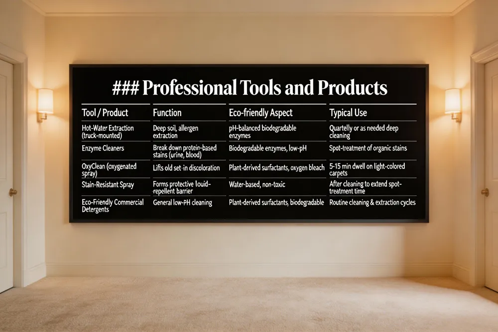 ### Professional Tools and Products
| Tool / Product | Function | Eco‑friendly Aspect | Typical Use |
|---|---|---|---|
| Hot‑Water Extraction (truck‑mounted) | Deep soil removal, allergen extraction | Uses pH‑balanced, biodegradable enzymes | Quarterly or as needed deep cleaning |
| Enzyme Cleaners | Break down protein‑based stains (urine, blood) | Biodegradable enzymes, low‑pH | Spot‑treatment of organic stains |
| OxyClean (oxygenated spray) | Lifts old, set‑in discoloration | Plant‑derived surfactants, oxygen bleach | Quick 5‑15 min dwell on light‑colored carpets |
| Stain‑Resistant Spray | Forms protective barrier to repel liquids | Water‑based, non‑toxic | After cleaning to extend time between spot‑treatments |
| Eco‑Friendly Commercial Detergents | General cleaning, low‑pH formulas | Plant‑derived surfactants, biodegradable | Routine cleaning and extraction cycles |
