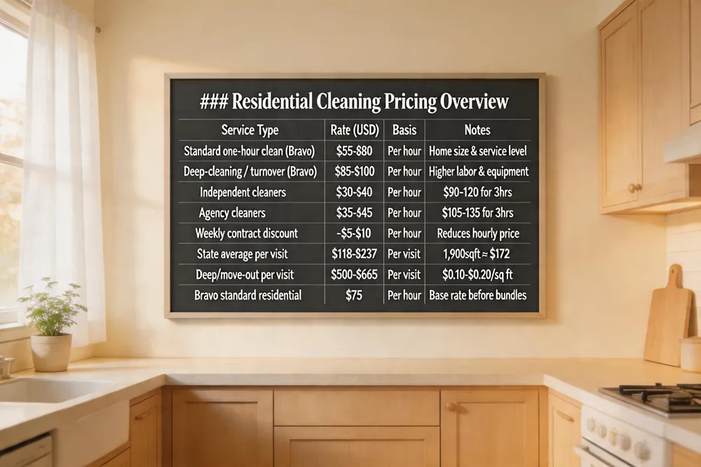 ### Residential Cleaning Pricing Overview
| Service Type | Rate (USD) | Basis | Notes |
|---|---|---|---|
| Standard one‑hour clean (Bravo) | $55‑$80 | Per hour | Depends on home size & service level |
| Deep‑cleaning / turnover (Bravo) | $85‑$100 | Per hour | Higher labor & equipment |
| Independent cleaners | $30‑$40 | Per hour | $90‑$120 total for 3‑hour job |
| Agency cleaners | $35‑$45 | Per hour | $105‑$135 total for 3‑hour job |
| Weekly contract discount | -$5‑$10 | Per hour | Reduces hourly price |
| State average per visit | $118‑$237 | Per visit | Typical 1,900‑sq ft home ≈ $172 standard clean |
| Deep/move‑out per visit | $500‑$665 | Per visit | Larger homes priced per sq ft ($0.10‑$0.20) |
| Bravo standard residential | $75 | Per hour | Base rate before bundles |
