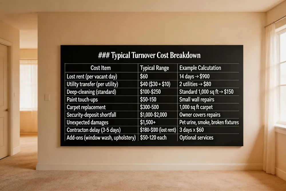 ### Typical Turnover Cost Breakdown
| Cost Item | Typical Range | Example Calculation |
|---|---|---|
| Lost rent (per vacant day) | $60 | 14 days → $900 |
| Utility transfer (per utility) | $40 ($30 + $10) | 2 utilities → $80 |
| Deep‑cleaning (standard) | $100‑$250 | Standard 1,000 sq ft → $150 |
| Paint touch‑ups | $50‑$150 | Small wall repairs |
| Carpet replacement | $300‑$500 | 1,000 sq ft carpet |
| Security‑deposit shortfall | $1,000‑$2,000 | Owner covers repairs |
| Unexpected damages | $1,500+ | Pet urine, smoke, broken fixtures |
| Contractor delay (3‑5 days) | $180‑$300 (lost rent) | 3 days × $60 |
| Add‑ons (window wash, upholstery) | $50‑$120 each | Optional services |
