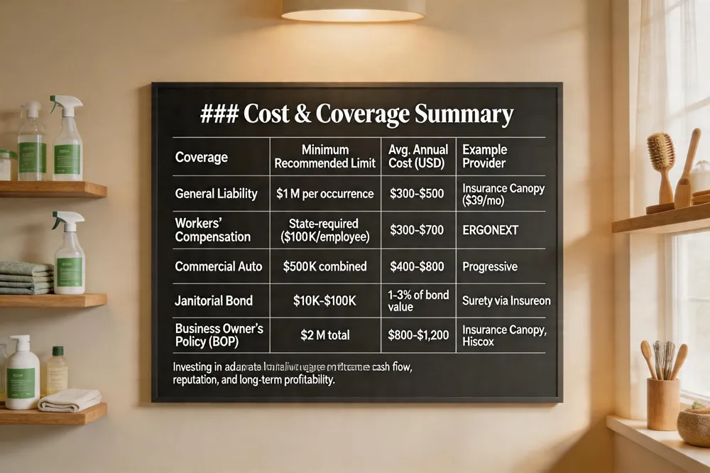 ### Cost & Coverage Summary
| Coverage | Minimum Recommended Limit | Avg. Annual Cost (USD) | Example Provider |
|---|---|---|---|
| General Liability | $1 M per occurrence | $300‑$500 | Insurance Canopy (starting at $39/mo) |
| Workers’ Compensation | State‑required (often $100 K per employee) | $300‑$700 | ERGO NEXT |
| Commercial Auto | $500 K combined single limit | $400‑$800 | Progressive |
| Janitorial Bond | $10 K‑$100 K (bond amount) | 1‑3 % of bond value annually | Surety companies via Insureon |
| Business Owner’s Policy (BOP) ( bundles above | $2 M total liability | $800‑$1,200 | Insurance Canopy, Hiscox |
Investing in adequate liability coverage protects cash flow, reputation, and long‑term profitability.