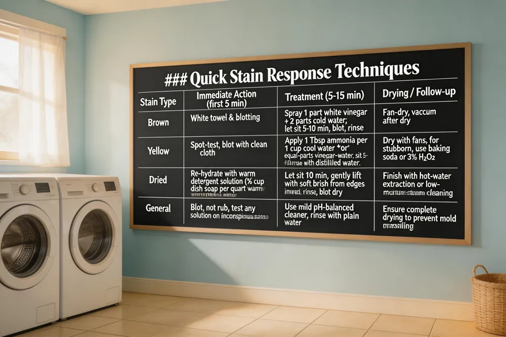 ### Quick Stain Response Techniques
| Stain Type | Immediate Action (first 5 min) | Treatment (5‑15 min) | Drying / Follow‑up |
|---|---|---|---|
| Brown | White towel &, blotting | Spray 1 part white vinegar + 2 parts cold water; let sit 5‑10 min, blot, rinse | Fan‑dry, vacuum after dry |
| Yellow | Spot‑test, blot with clean cloth | Apply 1 Tbsp ammonia per 1 cup cool water or equal‑parts vinegar‑water; sit 5‑10 min, blot, rinse with distilled water | Dry with fans; for stubborn, use baking soda or 3 % H₂O₂ |
| Dried | Re‑hydrate with warm detergent solution (¼ cup dish soap per quart warm water) | Let sit 10 min, gently lift with soft brush from edges inward, rinse, blot dry | Finish with hot‑water extraction or low‑moisture steam cleaning |
| General | Blot, not rub; test any solution on inconspicuous area | Use mild pH‑balanced cleaner, rinse with plain water | Ensure complete drying to prevent mold or resoiling |
