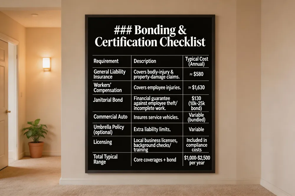 ### Bonding & Certification Checklist
| Requirement | Description | Typical Cost (Annual) |
|---|---|---|
| General Liability Insurance | Covers bodily‑injury & property‑damage claims. | ≈ $580 |
| Workers’ Compensation | Covers employee injuries. | ≈ $1,630 |
| Janitorial Bond | Financial guarantee against employee theft or incomplete work. | $130 (for $10k‑$25k bond) |
| Commercial Auto | Insures service vehicles. | Variable (often bundled). |
| Umbrella Policy (optional) | Extra liability limits. | Variable |
| Licensing | Local business licenses, background checks, training documentation. | Included in compliance costs |
| Total Typical Range | Sum of core coverages & bond. | $1,000‑$2,500 per year |

