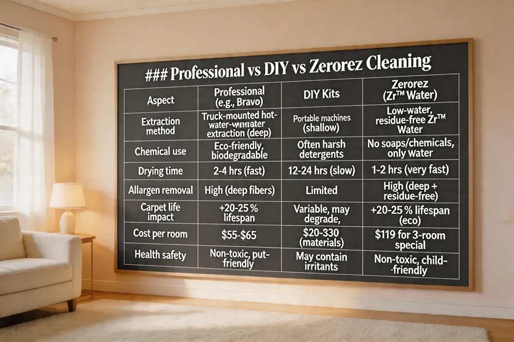 ### Professional vs DIY vs Zerorez Cleaning
| Aspect | Professional (e.g., Bravo) | DIY Kits | Zerorez (Zr™ Water) |
|---|---|---|---|
| Extraction method | Truck‑mounted hot‑water extraction (deep) | Portable machines (shallow) | Low‑water, residue‑free Zr™ Water |
| Chemical use | Eco‑friendly, biodegradable | Often harsh detergents | No soaps/chemicals, only water |
| Drying time | 2‑4 hrs (fast) | 12‑24 hrs (slow) | 1‑2 hrs (very fast) |
| Allergen removal | High (deep fibers) | Limited | High (deep + residue‑free) |
| Carpet life impact | +20‑25 % lifespan | Variable, may degrade | +20‑25 % lifespan (eco) |
| Cost per room | $55‑$65 | $20‑$30 (materials) | $119 for 3‑room special |
| Health safety | Non‑toxic, pet‑friendly | May contain irritants | Non‑toxic, child‑friendly |
